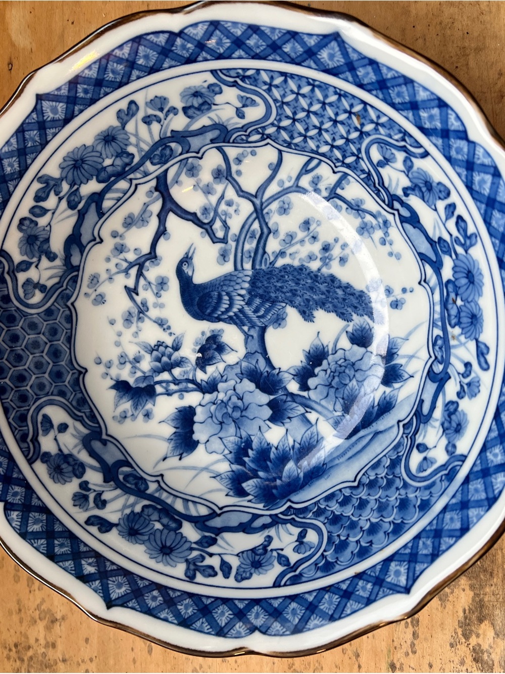 Vtg Japanese Blue and White Porcelain Peacock Decorative medium bowl